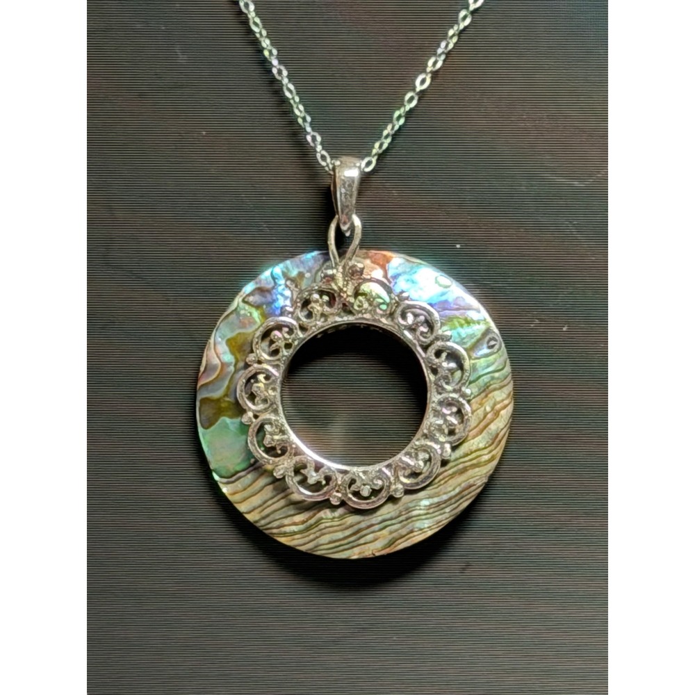 925 Sterling Silver Abalone Shell Filigree Pendant Necklace Italy KA 1772 EJI